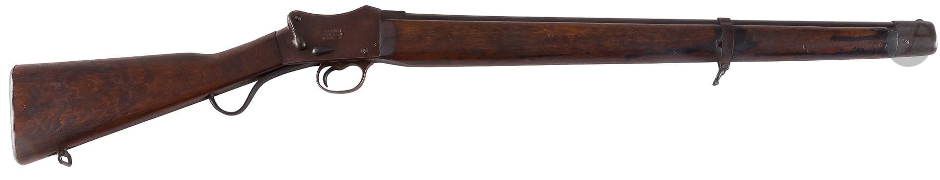 Greener Police Gun Mark III", single shot, 12 gauge 7/8.

Round barrel of 64 cm, rifled, with sides to the thunder, "Greener Mark III", punch and number "256". Breech block stamped "Greener Police Gun Mark III". Iron fittings. Waxed walnut stock.

Total length: 106 cm

B.E.

Category C to be declared, N° 9616.