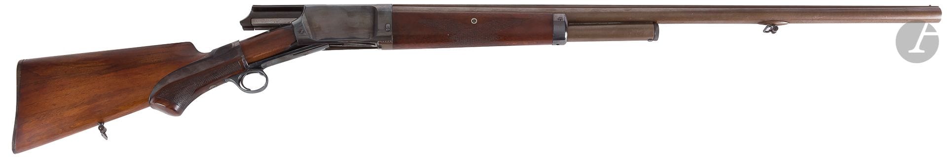 Fusil « Burgess Shotgun », calibre 12.

Canon, ruban damas de 74,3 cm

Boîtier de culasse gravé « Burgess Gun Co Buffalo N.Y. U.S.A. ».

Pontet avec clé d’ouverture de la culasse par coulissement de la poignée pistolet.

Crosse en noyer avec plaque de couche « Burgess Gun Co ».

Longueur totale : 123 cm

B.E. Finition rebronzée.

N° 2217.



Production estimée à quelques centaines d’exemplaires en 1892-1899.