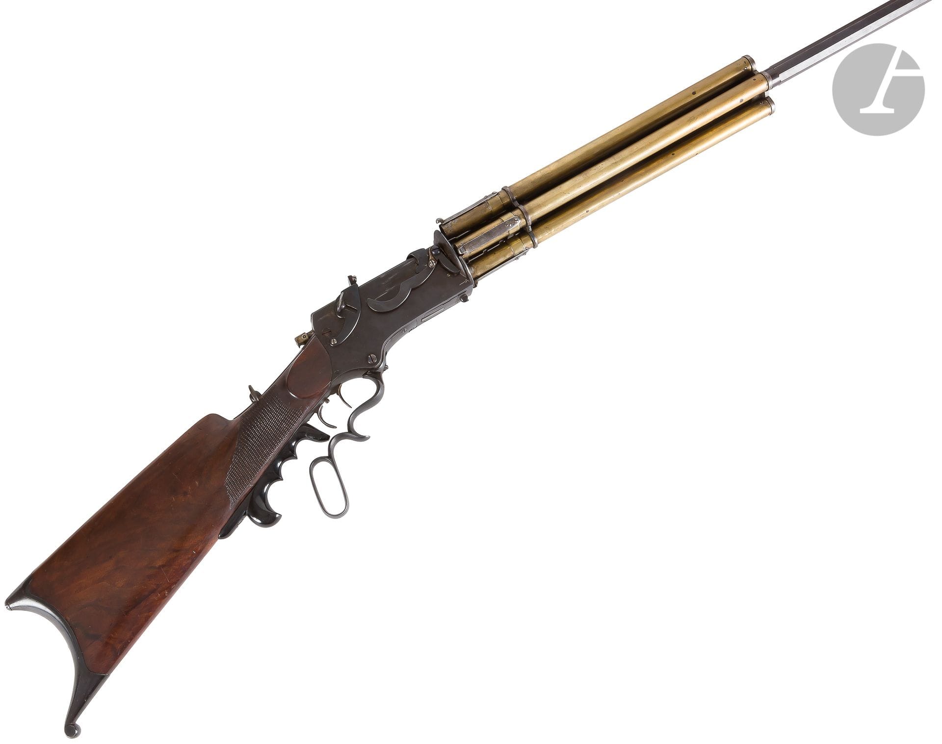 Amazing and rare system revolver rifle with five tubular brass magazines, caliber 9 mm centerfire. 

Barrel with sides then round of 76 cm, with rise with the mouth, and five tubular rotary chargers out of brass with the thunder. Bronzed breech case, with notch of sights, feeding of the cartridges by the tubular chargers in low part and elevator. Pulley acting as lever of armament. Double trigger Stecher Tailstock with finger grip, in ebony (repair). Tail of breech with catch of dioptre.

Strong walnut stock, partially checkered, with cheekpiece on the left side. Fang buttplate. 

Bronzed finish. 

Length: 128 cm 

B.E. About 1880. 



Nota bene: no marking allows us to allot it to a manufacturer or arms manufacturer.