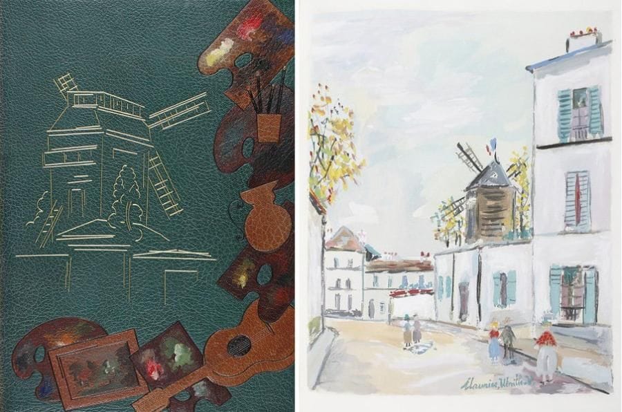 VERTEX (Jean)
Le Village inspiré. Chronique de la Bohème de Montmartre (1920-1950). À Paris, Chez l'Auteur, s. d. [1950]. In-folio, maroquin vert, large décor personnalisé, doré et mosaïqué ornant les plats, tête dorée.	 Illustrations par Maurice UTRILLO et Lucie VALORE, certaines en couleurs, et fac-similés. Tiré à 550 exemplaires, celui-ci (n° 182), un des 170 sur vélin de Rives. Dos passé.   