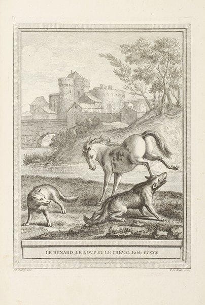 LA FONTAINE (Jean de)
Fables choisies, mises en vers. À Paris, Chez Desaint & Saillant et Durand, 1755-1759. 4 volumes in-folio, veau marbré, triple filet doré encadrant les plats, dos à nerfs orné, tranches dorées (reliure de l'époque).Second tirage de cette célèbre édition imprimée sur papier de Hollande.Un frontispiece orné du portrait de La Fontaine et 275 figures par Jean-Baptiste OUDRY, gravées par AUBERT, AVELINE, BAQUOY, COCHIN, FESSART, GALIMARD, LEBAS, LEMIRE, MOITTE... Exemplaire enrichi d'un portrait gravé de l'auteur par TARDIEU d'après LARGILLIÈRE.Accidents et salissures ; cahiers roux ; déchirures restaurées sur quelques planches (dont une large dans le t. III).