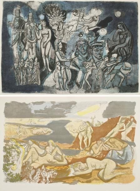 Jean GIONO
Naissance de l'Odyssée. Lausanne, Gonin, 1963. In-4, en feuilles, chemise et étui. 26 lithographies originales en couleurs de Adrien Holy. Tirage limité à 215 exemplaires, celui-ci un des 159 sur vélin de Rives.