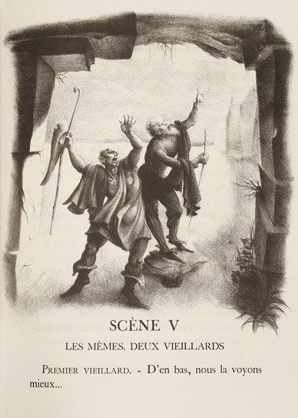 Jean GIRAUDOUX
La Guerre de Troie n'aura pas lieu. Paris, La Jeune Parque, 1946. In-4, maroquin janséniste chamois, dos à 4 nerfs, tête dorée, couverture et dos, étui (Renaissance du Livre). 20 lithographies originales dans le texte de Mariano Andreu. Tirage limité à 270 exemplaires, celui-ci un des 227 sur Arches. Petites taches à la couverture.
