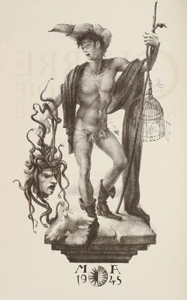 Jean GIRAUDOUX
La Guerre de Troie n'aura pas lieu. Paris, La Jeune Parque, 1946. In-4, peau maroquinée janséniste cuivre, dos à 4 nerfs, tête dorée, couverture et dos, étui (Reliure postérieure). 20 lithographies originales dans le texte de Mariano Andreu. Tirage limité à 270 exemplaires, celui-ci un des 227 sur Arches. Dos passé.