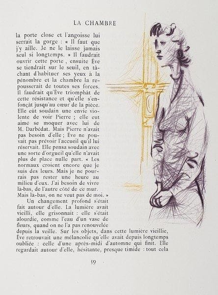 Jean-Paul SARTRE
Le Mur. Paris, NRF, 1945. In-4, bradel vélin crème avec grand décor peint sur le premier plat et sur le dos, sur fond de mur de pierres, tête dorée, couverture, étui (Reliure de l'époque). 32 eaux-fortes en couleurs dans le texte de Mario Prassinos. Tirage limité à 398 exemplaires, celui-ci un des 350 sur vélin.