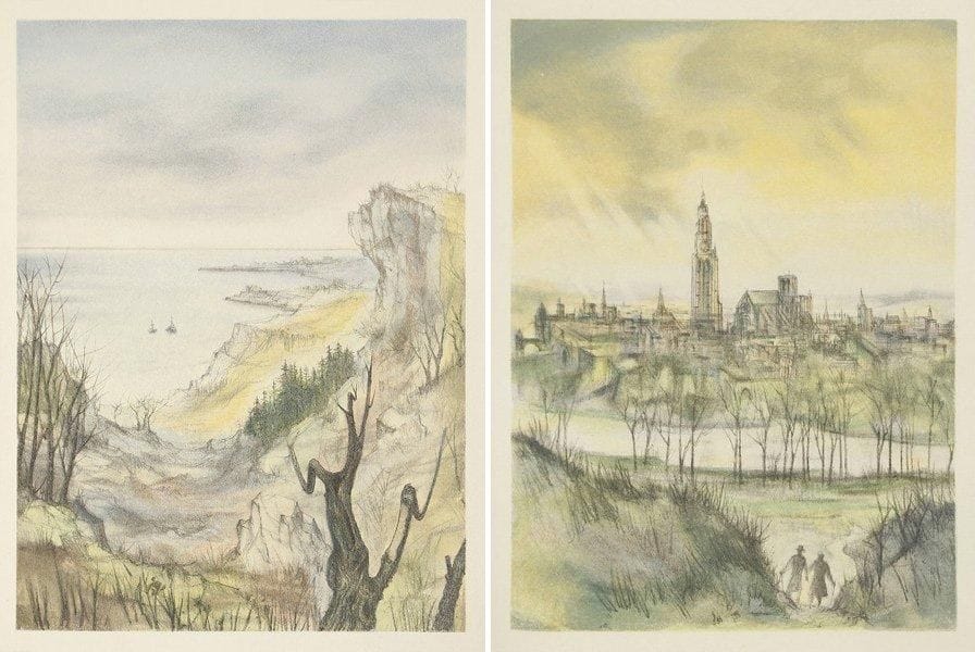 Paul VERLAINE
Poésies complètes. Paris, Les Heures claires, 1968. 7 volumes in-8, peau maroquinée vieux rose ornée de l'éditeur, têtes dorées, étuis. Illustrations en couleurs de Thomas. Exemplaire sur vélin chiffon.