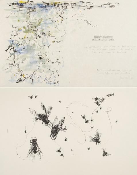 VIRGILE
Les Géorgiques. S.l., Tartas, 1959. In-4, en feuilles, boîte en altuglas. 28 lithographies originales en 2 teintes, en noir ou en couleurs, dans le texte, à peine page ou sur double page, de Jean Commère. Tirage limité à 211 exemplaires, celui-ci un des quelques exemplaires nominatifs, réservés, ici tiré sur Japon nacré, imprimé pour Madame Monique Evelyne de Tartas, enrichi d'une grande aquarelle originale signée avec envoi de l'illustrateur, d'une suite de 8 planches en noir sur vélin d'Arches, d'une suite de 21 planches en noir sur vélin de Hollande et de 2 essais de couleurs d'une planche double.