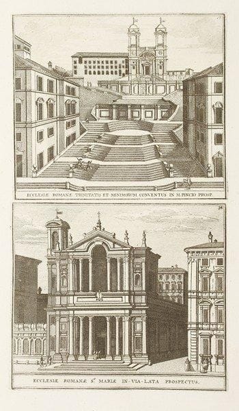 [ROME - MAGNAN (Dominique)]
La Città di Roma ovvero Breve descrizione di questa superba città divisa in quattro tomi ed ornata di 385 stampe in rame. Rome, Venanzio Monaldini, Gaetano Quojani & Gregorio Settari, 1779. 4 tomes en deux volumes in-folio, bradel, cartonnage, non rogné (reliure moderne).385 figures gravées sur 182 planches.Tome I " che contiene la descrizione del I rione de' Monti, e del II di Trevi. "Tome II " che contiene la descrizione del III rione di Colonna. "Tome III " che contiene la descrizione del IV rione di Campo Marzo, del V di Ponte, del VI di Parione, del VII della Regola, dell'VIII di S. Eustachio, e del IX della Pigna. "Tome IV " che contiene la descrizione del X rione di Campitelli, del XI di S. Angelo, del XII di Ripa, del XIII di Trastevere, e del XIV di Borgo. "Quelques planches rousses.