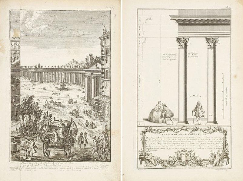 VIGNOLE (Jacques BAROZZIO DE)
Livre nouveau ou Regles des Cinq Ordres d'architecture [...]. À Paris, Chez Chereau, 1761. In-folio, vélin ivoire (reliure de l'époque)." Nouvellement revû, corrigé et augmenté par Monsieur B[londel]. "104 planches gravées par CHARPENTIER et CHÉREAU d'après BABEL, BLONDEL, COCHIN, MANSART, MARTINET, PANINI, PIRANÈSE, POULOT... Les planches 38 à 45 sont repliées.Titre-frontispice (planche 1) gravé d'après COCHIN.Rousseurs, taches et traces de mouillure sur quelques feuillets.