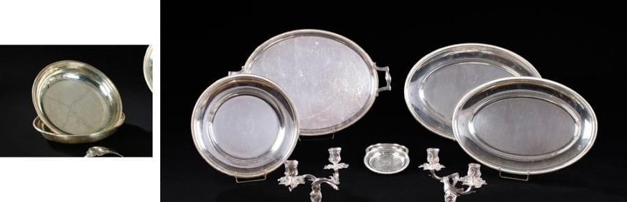 Lot en métal argenté uni, le marli décoré d'une moulure de godrons. Il comprend : deux plats ovales - un plat rond - deux jattes rondes et quatre dessous de bouteilles.