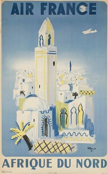 VILLEMOT
Afrique du Nord -  Air France, 1949. Imp. Hubert Baille, Paris. Non entoilée. B.E. (papier mince). 100 x 62 cm.