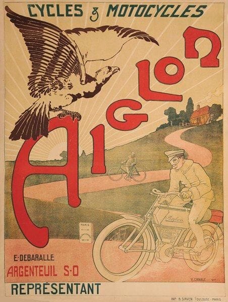 V. CANALE
Motocycle l'Aiglon, 1904. Imp. Sirven, Toulouse-Paris. Entoilée. B.E. 128 x 100 cm