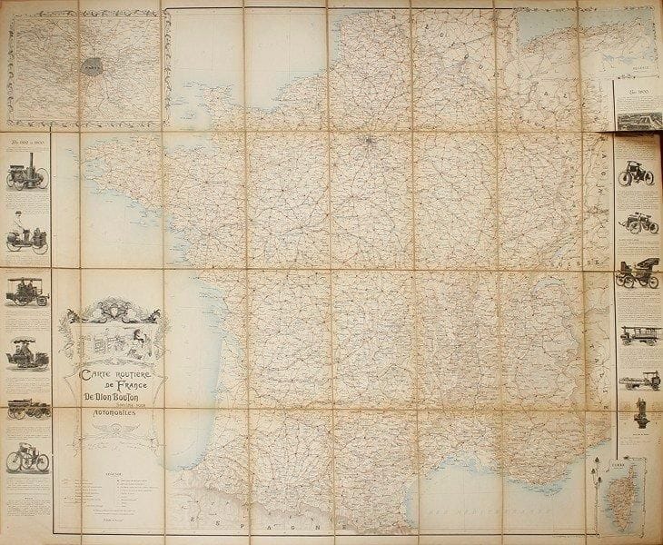 ANONYME
Carte routière de France De Dion Bouton, vers 1900. Imp. Dufrénoy , Paris. Entoilage ancien et pliée par lais. B.E. (déchirures). 128 x 157 cm 