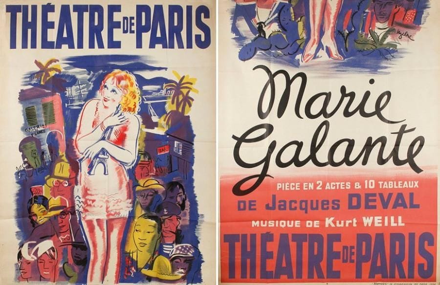 UZELAC
Marie-Galante - Théatre de Paris ,1934 Imp. Chachouin, Paris. 2 panneaux Non entoilée. B.E. (petites déchirures). 309 x 119 cm