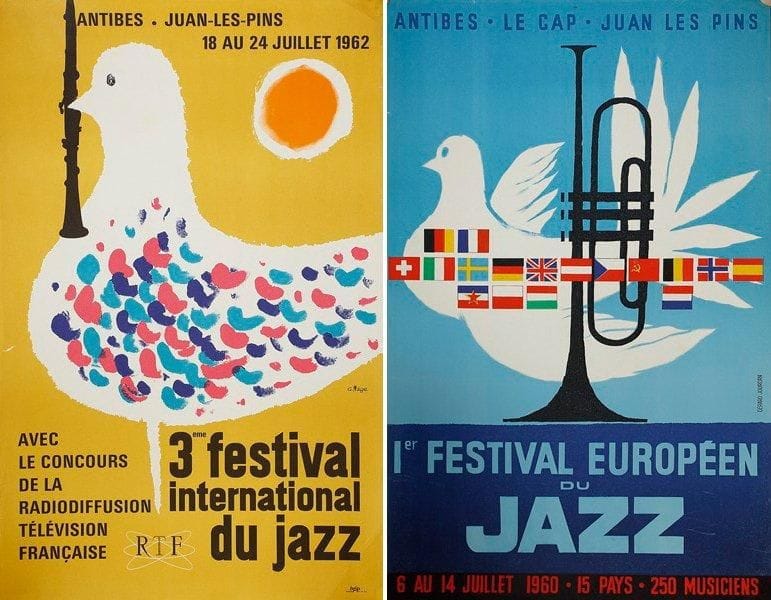 JOURDAN et HAGE
1er Festival européen du Jazz Antibes Le cap Juan les Pins, 1960 - 3e Festival international de Jazz Antibes Juan les Pins, 1962. 2 affiches non entoilée. B.E. 38 x 60 cm chaque