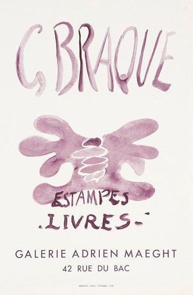 Georges BRAQUE
Galerie Maeght - Estampes-Livres, 1958 Affiche originale. Imp. Mourlot, Paris. Non entoilée. B.E. (rousseurs). 60 x 40 cm 