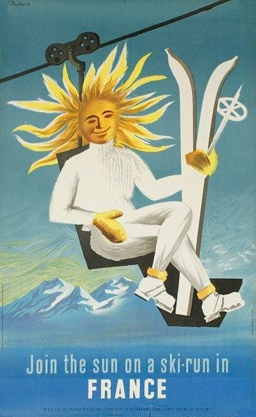 DUBOIS
Join the sun on a ski- Run in France. Non entoilée. A.B.E (déchirures). 100 x 62 cm 