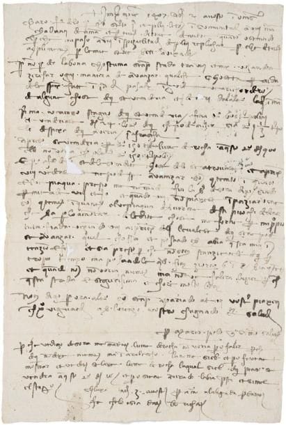 Marco POLO (1417)
Négociant italien, neveu du grand voyageur. Lettre écrite en son nom, Homs 2 août 1407, au noble seigneur Donato Supanzio à Tripoli; en italien; 1 page petit in-fol., adresse (petits trous). Il propose à son cher frère de faire, selon leur habitude, quelque bonne affaire, et il l'entretient d'une affaire d'épices, et d'une autre à Tripoli en préparation...