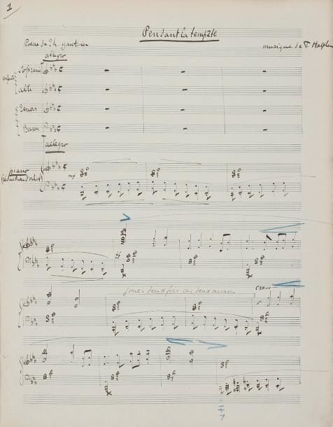 Fernand HALPHEN.
3 Manuscrits musicaux autographes signés pour le Concours du Prix de Rome en 1896; titres et 55 pages in-fol. (papier Lard-Esnault à 20 lignes), le tout relié en un volume in-fol. demi-chagrin brun à coins, chiffre F.H. au bas du dos (charnière fendue). Fugue à 4 voix, datée en fin 8 mai 1896 (titre et 5 pages, cachet de la Société des Auteurs daté 15 janvier 1897). Pendant la tempête, choeur à 4 voix (homme et enfants), sur une poésie de Théophile Gautier: « La barque est petite et la mer immense »... Manuscrit pour choeur et piano (réduction d'orchestre), daté 8 mai 1896, avec quelques ratures et corrections, et marques au crayon bleu pour la direction (titre et 15 pages). Mélusine, scène lyrique, paroles de Ferdinand Beissier, datée 30 mai 1896 (titre et 35 pages). Elle rassemble trois personnages: Mélusine, Raymondin et le Spectre. Manuscrit pour chant et piano, avec indications d'instrumentation à l'encre rouge, présentant des ratures et corrections et des traces de grattage, des marques au crayon bleu pour la direction, et portant le cachet de la Société des Auteurs daté 15 janvier 1897; la scène I présente des esquisses au crayon pour Le Cor fleuri.