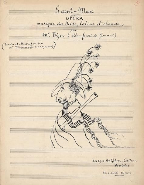 Fernand HALPHEN.
Recueil de manuscrits musicaux autographes signés, de mélodies, choeurs et pièces instrumentales, 1894-1898; 151 pages in-fol. (plus des partitions impr.), le tout relié en un volume in-fol. demi-basane brune avec indication de tomaison (3) et chiffre F.H. au bas du dos (éraflures). Recueil de 20 mélodies, 4 choeurs et 2 pièces instrumentales. Chaque pièce est précédée d'une page de titre; plusieurs portent le cachet de la Société des Auteurs. Mélodies. Trois Mélodies imprimées (Enoch & Cie, 2 en 2 tonalités). Saint-Marc, « opéra, musique du Midi, latine et chaude, par Mr Bijou (élève favori de Gounod) » (2 p., et titre avec amusant dessin). Conte de Noël (mysti-fié), paroles de G.G., 24 décembre 1896 (12 p.). Madrigal ironique, poésie de Louise Halphen, dédiée à Louise Halphen, 22 décembre 1894 (2 p.). Colloque sentimental, poésie de Verlaine, dédiée à Mlle Thérèse Roger, 20 avril 1895 (5 p.). Spleen, poésie de Verlaine, 23 avril 1895 (2 p.). Jeunesse, poésie de Victor Hugo, dédiée à Mme Henri Büsser, Ville d'Avray 30 août 1895 (6 p.). Chant d'Automne, poésie de Géraldine Rolland, dédiée à Mlle Éléonore Blanc, 11 avril 1896 (4 p.). La Mère, poésie de Jean Aicard, 12 mai 1897 (2 p.). 2 mélodies en copie: Madrigal poudré, et Pour que je t'aime ô mon poète. Lune magique, poésie de Paul Reboux, dédiée à Mme Seligmann (6 p.). Dernier voeu, poésie de Th. Gautier, dédiée à Mme L. de Cernay, Boulains 10 novembre 1897 (4 p.).Désespérance, poésie de Mlle Géraldine Rolland, 4 février 1898 (2 p.). La Pervenche, poésie de Lamartine, 30 mars 1898 (5 p.). Hyménée, poésie de G. Goldschmidt, dédiée à Marie Deutsch, à Henri Goldschmidt, 26 mars 1898 (5 p.). Choeurs. Adieux à la mer, poésie de Lamartine, 25 janvier 1895 (8 p.). La Nature en joie ou Le Grillon, poésie de Th. Gautier, voix de femmes, 10 avril 1896 (14 p.). Le pêcheur de Sorrente, poésie de Mme de Girardin, 24 avril 1896 (12 p.). Hymne pour baryton avec choeur, violon, violoncelle, harpe et orgue, dédié à Zadoc Kahn, gr
