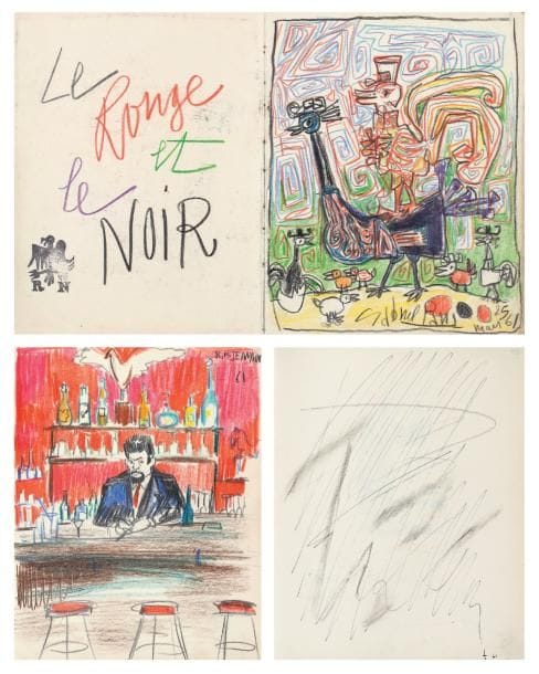 LIVRE D'OR. Album de dessins et dédicaces, 1961; petit in-4 de 73 ff (plus qqs ff blancs), reliure basane rouge (usagée). Livre d'or du bar parisien Le Rouge et le Noir (rue Mazarine), avec dessins (la plupart aux crayons de couleur) et inscriptions ou poèmes; on relève les noms de Gabriel Paris, Robert Giraud, Raymond de Cazenave, Jean Lamprêtre, Ange Bastiani, Jacques Doucet, Vincent Guignebert, Maurice Grim, Altagor, Lise Deharme, R.B. Jeannin, Jacques Yonnet, Renée Aspre, Marc Sterling, André Malterre, Jean Fautrier, Bill Parker, Maurice Baskine, Noël Arnaud, Diaz, Serge Charchoune, Simon Mondzain, Maurice Savin, Lars Bo, Georges Coulon, G.E. Clancier, etc.