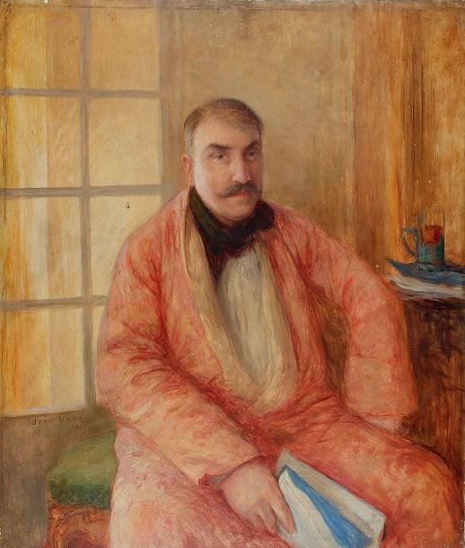 Jean VEBER (1864-1928).
Portrait de Lucien Guitry. Huile sur panneau, signé et daté en bas à gauche, 1904; 52 x 45 cm. Très beau portrait du comédien Lucien Guitry (1860-1925). Assis, en robe de chambre, le cou enveloppé d'un foulard, le comédien tient à la main un cahier, probablement une pièce qu'il est en train d'apprendre.
