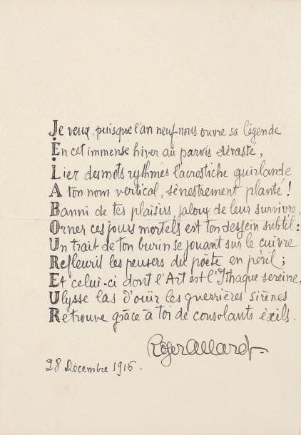Roger ALLARD (1885-1961).
31 L.A.S. et 1 L.S., 1914-1943, à Jean-Émile Laboureur, et 2 manuscrits autographes signés; 78 pages formats divers, adresses et enveloppes. Belle et importante correspondance, notamment pendant la Guerre 14-18, par l'auteur des Élégies martiales. Nous ne pouvons en donner ici qu'un aperçu. 15 septembre 1915, il a eu des nouvelles de Marie Laurencin. « Segonzac est dans un atelier de camouflage de canons, sous la direction de... Jusseaume ! La Fresnaye devait venir à Paris au début de septembre »... 1916. 1er janvier: sa carte l'a rejoint « dans le ravin de la Mort, en un lieu célèbre du front est, qui est aussi la vallée de la Boue »... Limoges 2 mars: « Je vous envoie de mon lit que je n'oserais appeler de douleurs, car je ne souffre guère et n'ai guère souffert par le fait du schrapnel qui m'a amené à Limoges, sinon à l'instant de son intrusion et à celui, plus pénible encore, de son extraction. [...] Dédiez-vous parfois à nos alliés britanniques de belles gravures ornées de tous les prestiges du noir et du blanc ? »... 28 mai: « J'ai été reconnu inapte à l'infanterie, mais, par un mystérieux détour, apte à l'artillerie de campagne ! »... Projet d'une ode pindarique... 13 septembre: « C'est vraisemblablement comme brigadier que je repartirai au front. Mais enfin ce sera de l'avancement, et aussi la certitude d'aller à cheval, plaisir que je goûte vivement, et ma seule distraction en cette forêt de la Braconne où je suis dans un exil plus triste que celui du front »... [17 octobre], manuscrit du poème Un fantôme dans un bar dédié à J.E. Laboureur (4 pages in-4), avec projet de maquette pour la publication dans Les Hommes du jour. 11 novembre: il a bien reçu l'album [Dans les Flandres britanniques], « très bien et tel que je le voyais en songeant à ce que j'aimais de vous déjà. Obus, Bombardement, la Baignade sont parmi les pages que je préfère. Le texte n'est pas indigne des dessins en maint endroit, et c'est beaucoup dire. Le Fantôme dans un bar est tout à fait j