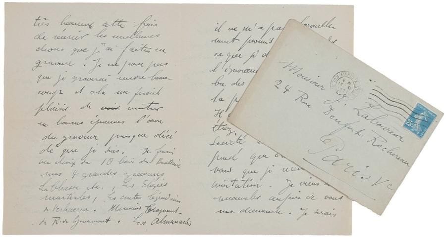Raoul DUFY.
L.A.S., Dimanche [13 novembre 1921], à Jean-Émile Laboureur; 4 pages in-8, enveloppe. Il voudrait, lors de la prochaine exposition de la Société de la gravure sur bois originale, avoir la place pour « montrer le meilleur de mon oeuvre gravée », et il demande à Laboureur d'intervenir: « Je serais très heureux cette fois de réunir les meilleures choses que j'ai faites en gravure. Je ne pense pas que je graverai encore beaucoup et cela me ferait plaisir de montrer en bonnes épreuves l'oeuvre du graveur presque décédé que je suis. Je ferais un choix de 10 bois du Bestiaire, mes 4 grandes gravures, La Chasse etc., Les Élégies martiales, les Contes légendaires de Verhaeren, Monsieur Croquant de R. de Gourmont, les Almanachs et autres petites babioles, en tout une vingtaine de cadres qui prendraient 2 mètres de cimaise environ »...