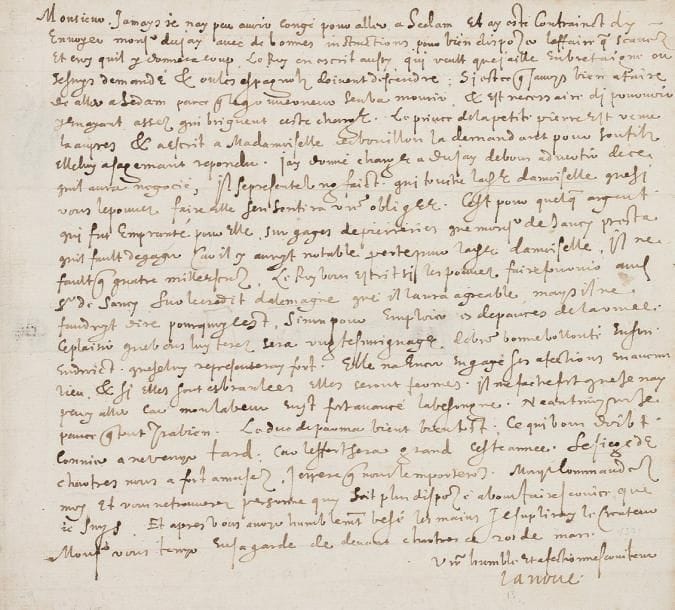 François de LA NOUE (1531-1591)
Capitaine huguenot, dit « Bras de fer ». L.A.S., devant Chartres 20 mars [1591], au vicomte de Turenne (père du maréchal); 1 page in-4, adresse. Rare lettre à propos de sa pupille, Mademoiselle de Bouillon, fille de Guillaume Robert de Lamarck, duc de Bouillon, seigneur de Sedan, évoquant aussi Henri IV et le siège de Chartres.16 La Noue envoie à Sedan M. du Jay, avec des instructions pour l'affaire qu'il sait. « Le Roy en escrit aussy, qui veult que j'aille en Bretaigne ou je suys demandé & ou les Espagnols doivent descendre. [...] Le prince de la Petite Pierre est venu la aupres et escrit a Mademoiselle de Bouillon la demandant pour son fils elle luy a sagement repondu. J'ay donné charge a Du Jay de vous advertir de ce quil aura negocié, sil se presentet ung faict qui touche lad. damoiselle que si vous le pouvez faire elle sen sentira vostre obligee. C'est pour quelque argent qui fut emprunté pour elle, sur gages de pierreries que monsr de Sancy presta quil fault degager [...]. Il ne fault que quatre mille escuz. Le Roy vous escrit si le pouvez faire fournir aud. Sr de Saucy sur le credit d'Alemagne qu'il laura agreable, mays il ne faudroyt dire pourquoy c'est [...]. Ce plaisir que vous luy ferez sera ung tesmoignage de vostre bonne vollonté en son endroict que je luy representeray fort. Elle na encor engagé ses affections en aucuns rien, & si elles sont esbranlees elles seront fermes. Il me fache fort que je nay peuy aller car mon labeur eust fortement avancé la besongne »... Le duc de Parme vient bientôt... « Le siege de Chartres nous a fort amusez. J'espere que nous lemporterons »...
