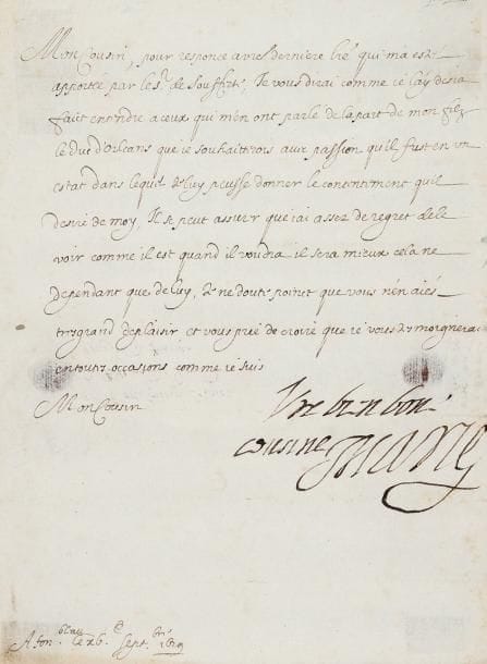 MARIE DE MEDICIS (1573-1642)
Reine de France. L.S. avec compliment autographe « Vre bien bone cousine Marie », Fontainebleau 15 septembre 1629, au duc de Bellegarde, « Grand escuyer de France »; 1 page in-4, adresse avec sceaux cire rouge aux armes sur lacs de soie rose (encadrée). À propos de son fils, Gaston d'Orléans. « Je vous dirai comme je l'ay desja fait entendre a ceux qui m'en ont parlé de la part de mon filz le duc d'Orleans que je souhaitterois avec passion qu'il fust en un estat dans lequel je luy peusse donner le contentement quil desire de moy. Il se peut assurer que jai assez de regret de le voir comme il est quand il voudra il sera mieux cela ne dependant que de luy. Je ne doute poinct que vous n'en aiés tres grand deplaisir »...