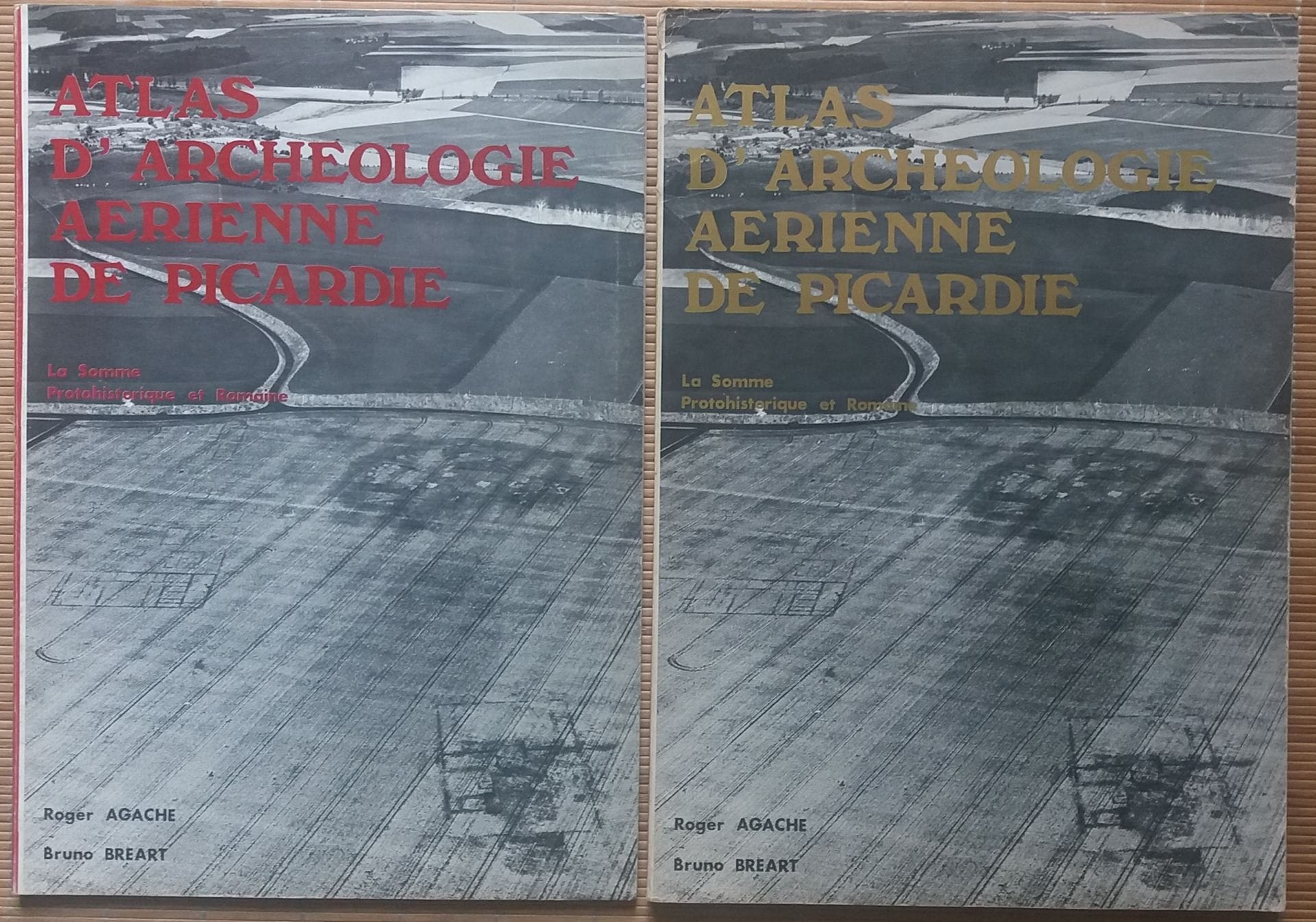 [ARCHÉOLOGIE - ARCHÉOLOGIE AÉRIENNE]
2 grands ouvrages, in plano.

*Atlas d'Archéologie aérienne de Picardie.
La Somme Protohistorique et Romaine.
Par Roger Agache et Bruno Bréart.
Société des Antiquaires de Picardie, 1975. 2 volumes 45 x 31 cm. Volume 1 avec les textes et photographies aériennes. 164 pp. Broché. Coin supérieur légèrement cogné. Volume 2 avec les cartes en double-page.