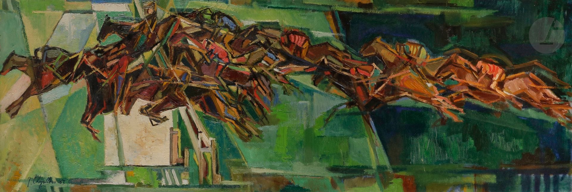 Jean CHEVOLLEAU (1924-1996)
La Course, 1953
Huile sur toile.
Signée et datée en bas à gauche.
50 x 150 cm

Provenance : 
- Collection Camille Renault.
- Vente Maître Wapler, 6 décembre 1999.

Bibliographie : 
Éric Mercier, La Jeune peinture, Années 50, Tome I, L'Alternative figurative, Zurich, Artacatos, 2010, reproduit p. 140.