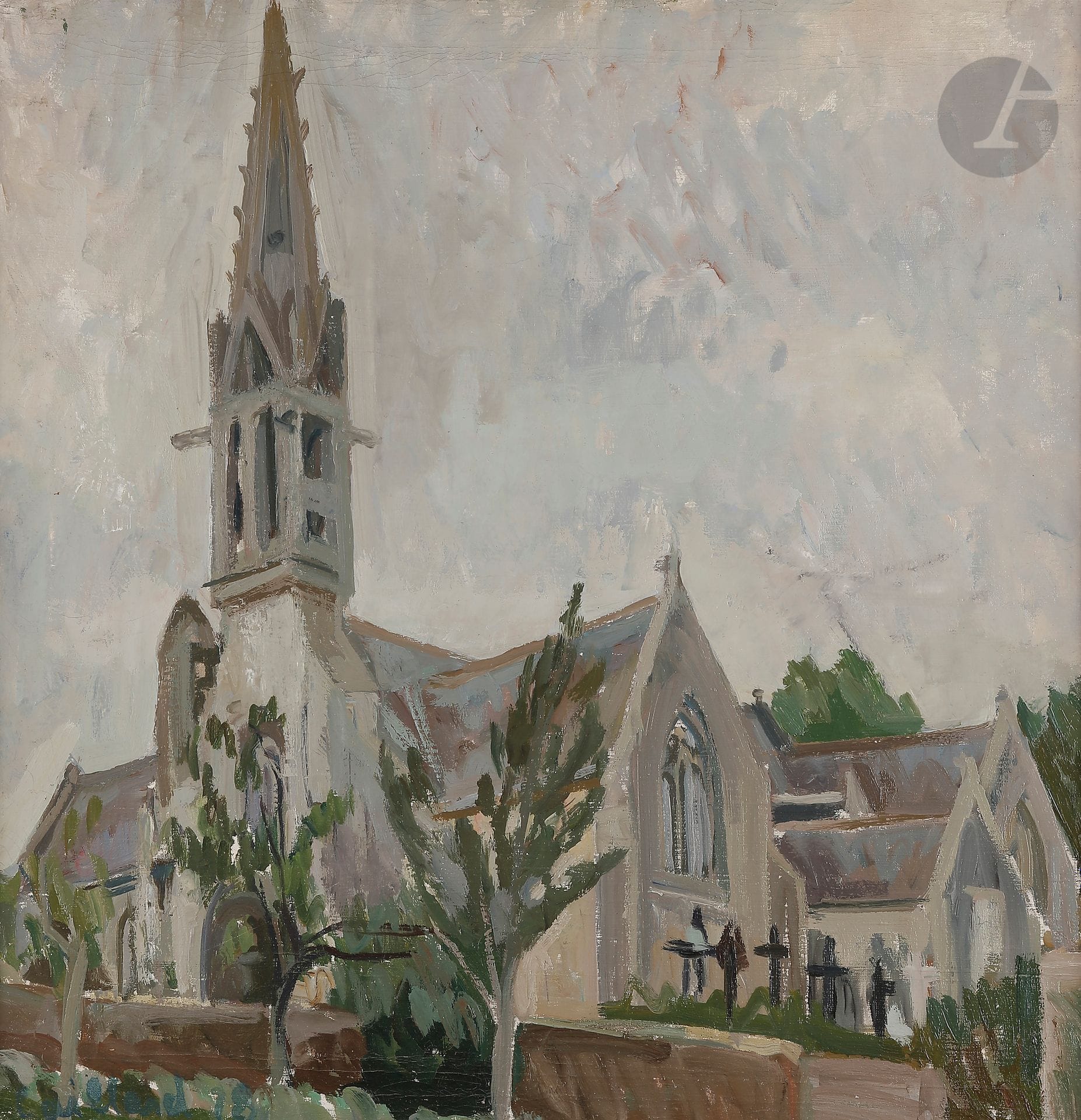 Christian CAILLARD (1899-1985)
L'Église, 1928
Huile sur toile.
Signée et datée en bas à gauche.
(Craquelures).
66 x 66 cm