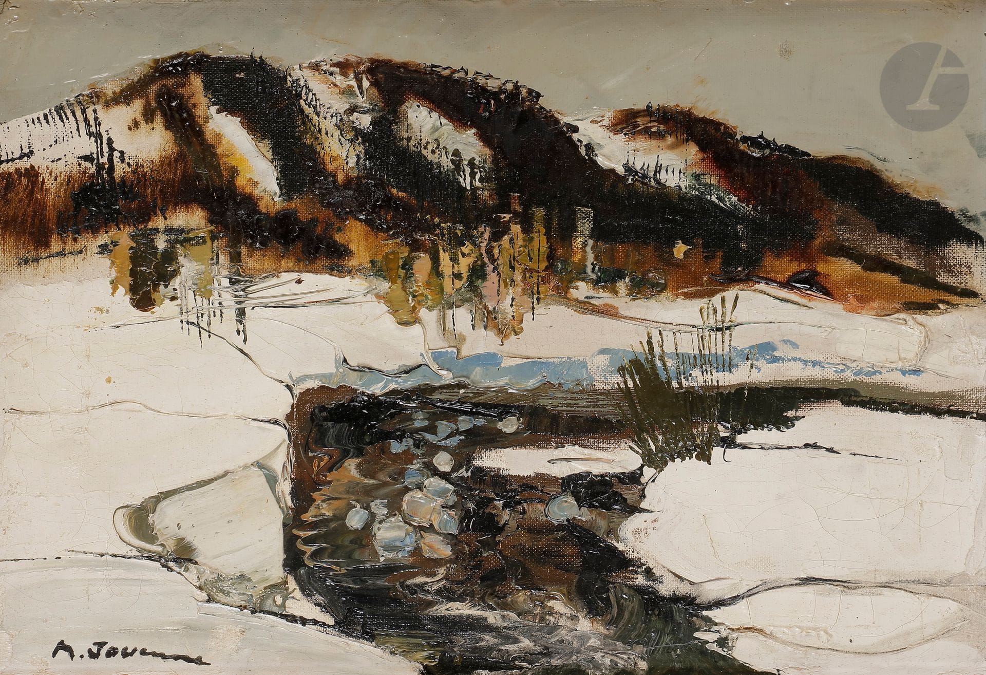Michel JOUENNE (né en 1933)
Neige
Huile sur toile.
Signée en bas à gauche.
Signée et titrée au dos.
27 x 35 cm