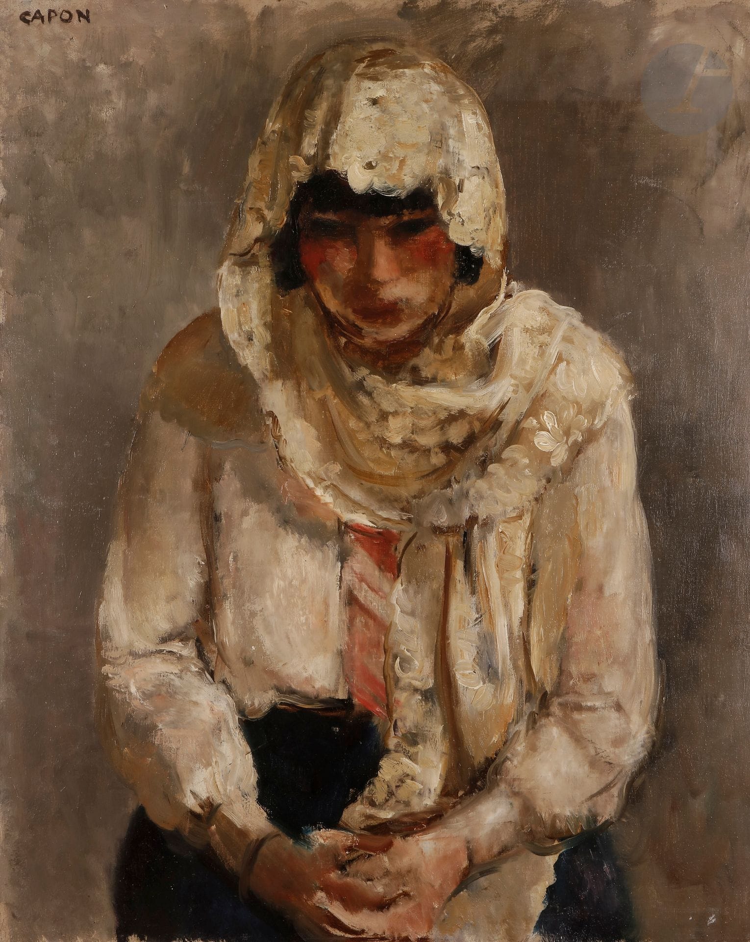 Georges CAPON (1890-1980)
Femme au voile
Huile sur toile.
Signée en haut à gauche.
81 x 65 cm