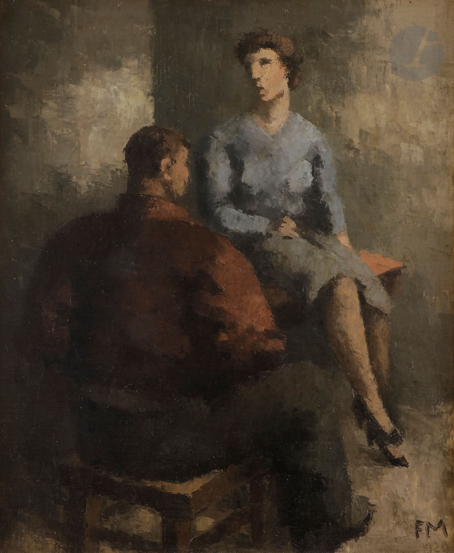 Frans MASEREEL (1889-1972)
Matelot et femme ou Estaminet à Toulon, 1929
Huile sur toile.
Monogrammée et datée en bas à droite.
Signée et datée au dos.
65 x 54 cm

Provenance :
- Collection J. Lagalis, Paris.
- Collection particulière.

Exposition :
Frans Masereel, Galerie Hartberg, Berlin, novembre - décembre 1930, n°11.

Bibliographie : 
- Pierre Vorms, Frans Masereel Catalogue Raisonné, Fonds Mercator, Anvers, 1976, p. 64, n° 189.
- Photothèque Pierre Vorms, Éditeur, n° 257.