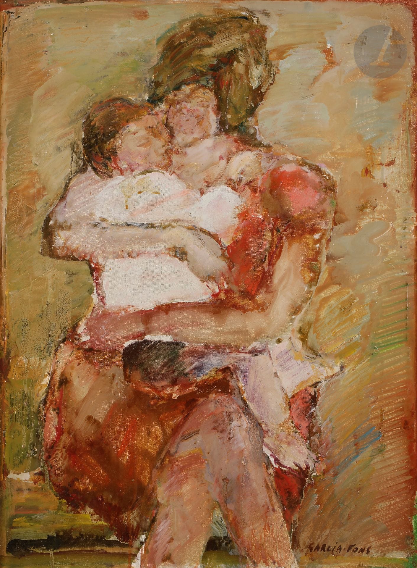 Pierre GARCIA-FONS (1928-2016)
Le Baiser, 1964
Huile sur toile.
Signée en bas à droite.
Signée et titrée au dos.
61 x 46 cm

Provenance : 
Galerie Framond, Paris (étiquette au dos).