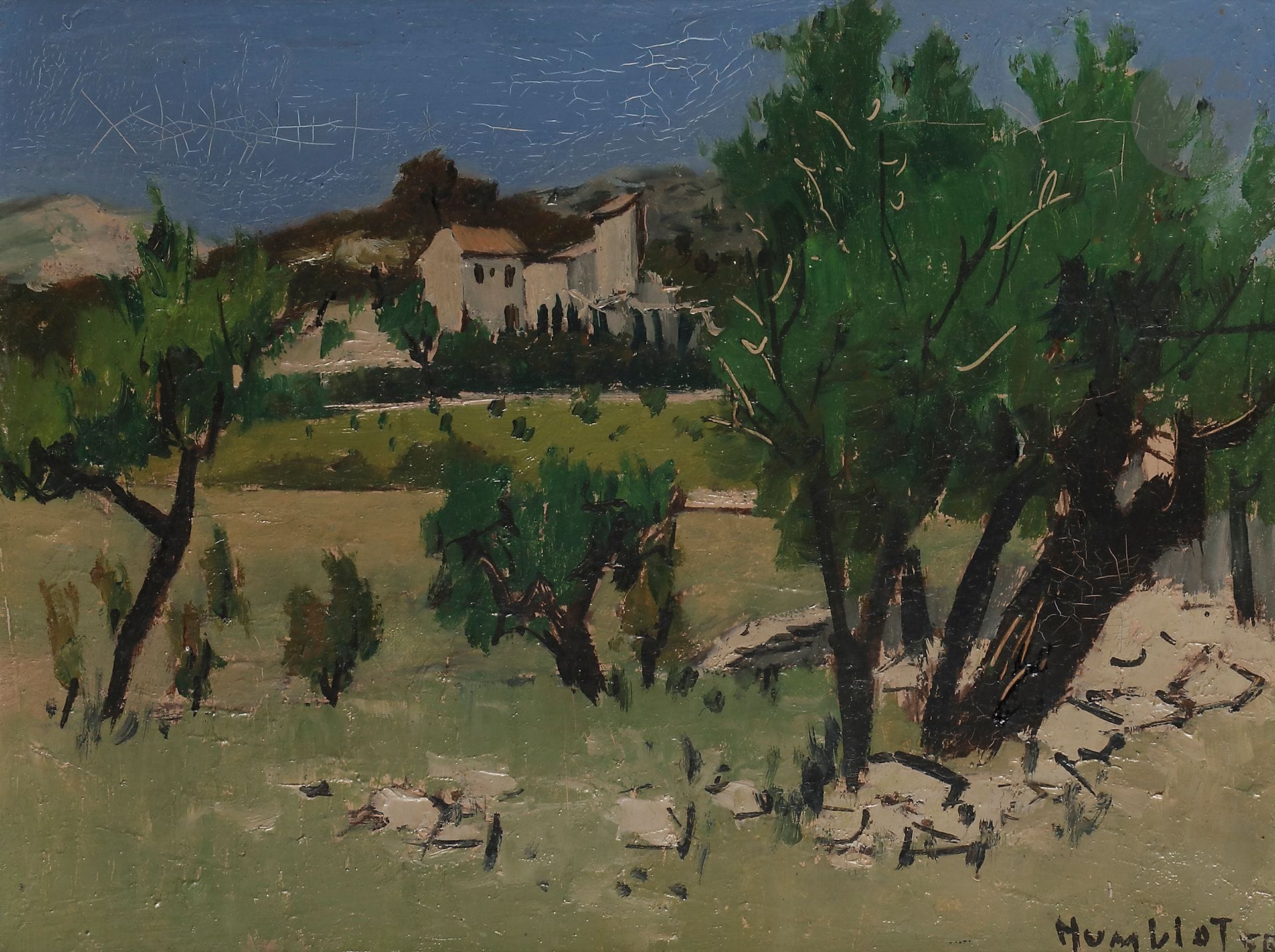 Robert HUMBLOT (1907-1962)
Paysage de Provence, 1956
Huile sur toile.
Signée et datée en bas à droite. 
(Craquelures).
27 x 35 cm