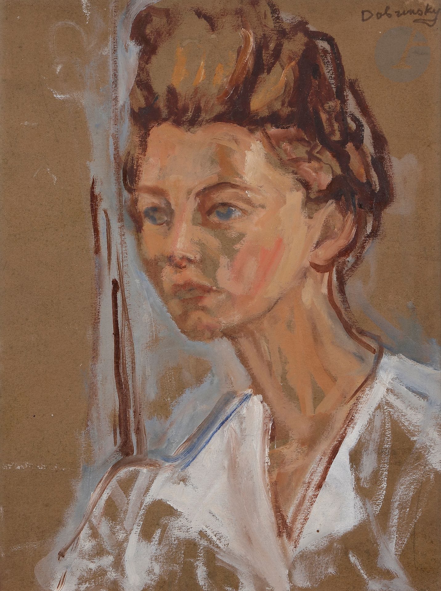 Isaac DOBRINSKY (1891-1973)
Tête de jeune femme, 1945
Huile sur carton monté sur toile.
Signée en haut à droite.
35 x 27 cm
