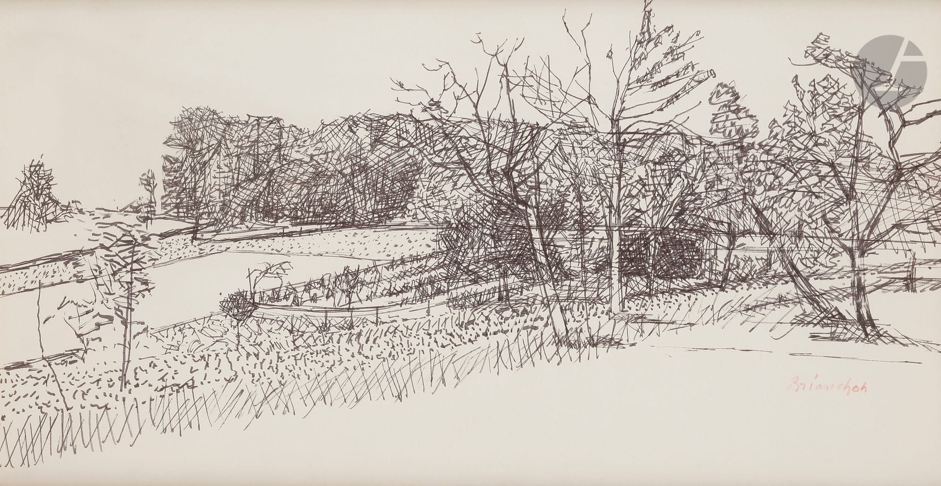 Maurice BRIANCHON (1899-1979)
Le Potager - truffière, 1963
Encre.
Signée au crayon rouge en bas à droite.
29 x 54 cm

Provenance : 
Galerie des Granges, Genève (étiquette au dos).

Exposition : 
Fondation de l'Hermitage, Lausanne, 10 octobre 1989 - 28 janvier 1990.