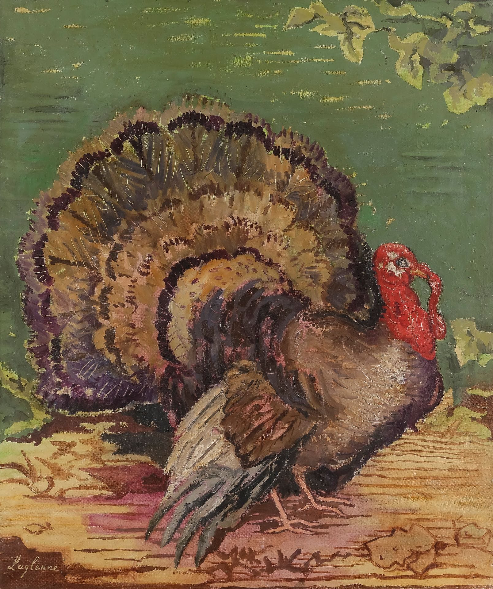 Jean François LAGLENNE (1899-1962)
Le Dindon
Huile sur toile.
Signée en bas à gauche.
Signée et titrée au dos.
65 x 54 cm