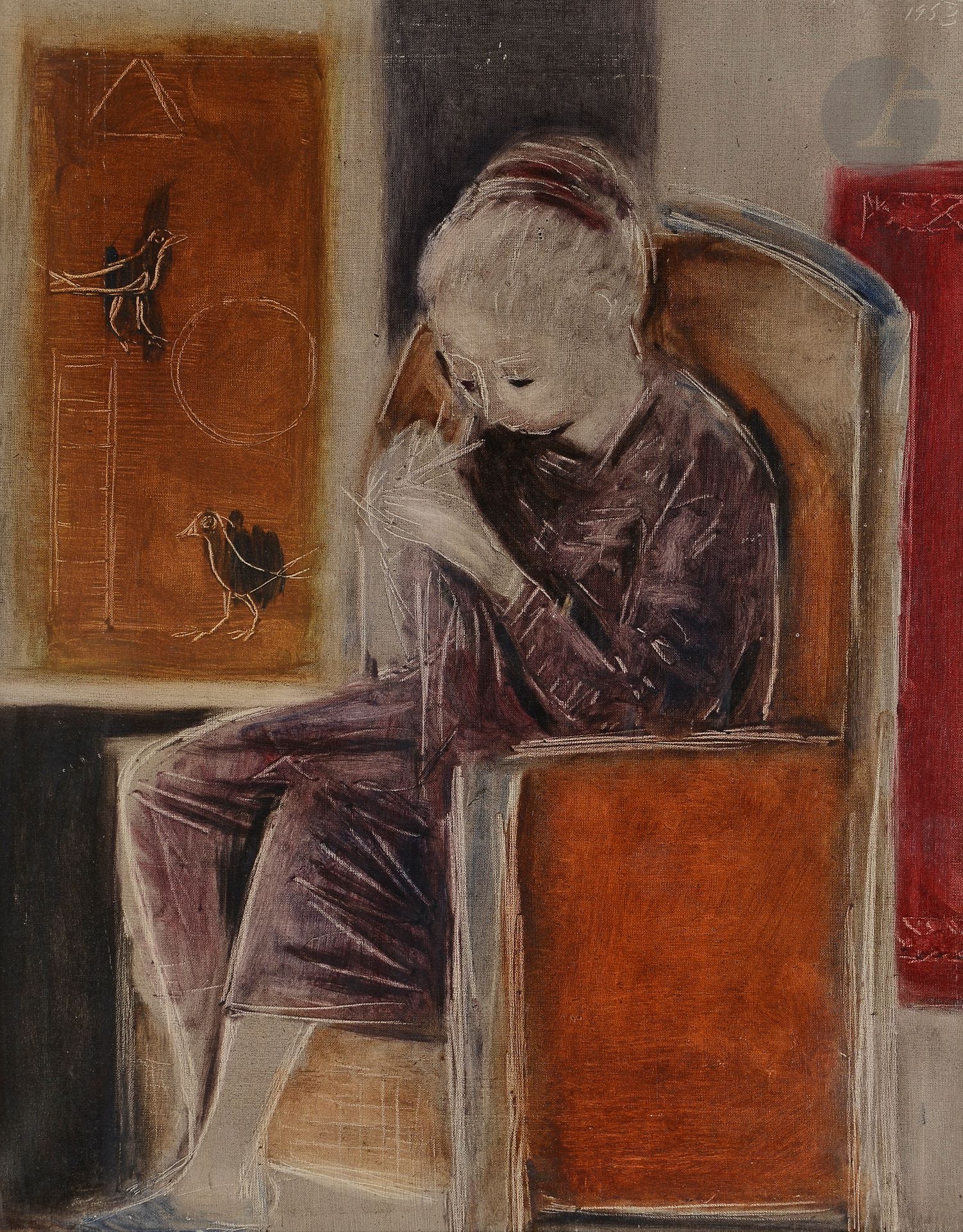 Roberta GONZALEZ (1909-1976)
Femme à la couture, 1953
Huile sur toile.
Signée et datée en haut à droite.
Datée au dos.
41 x 33 cm