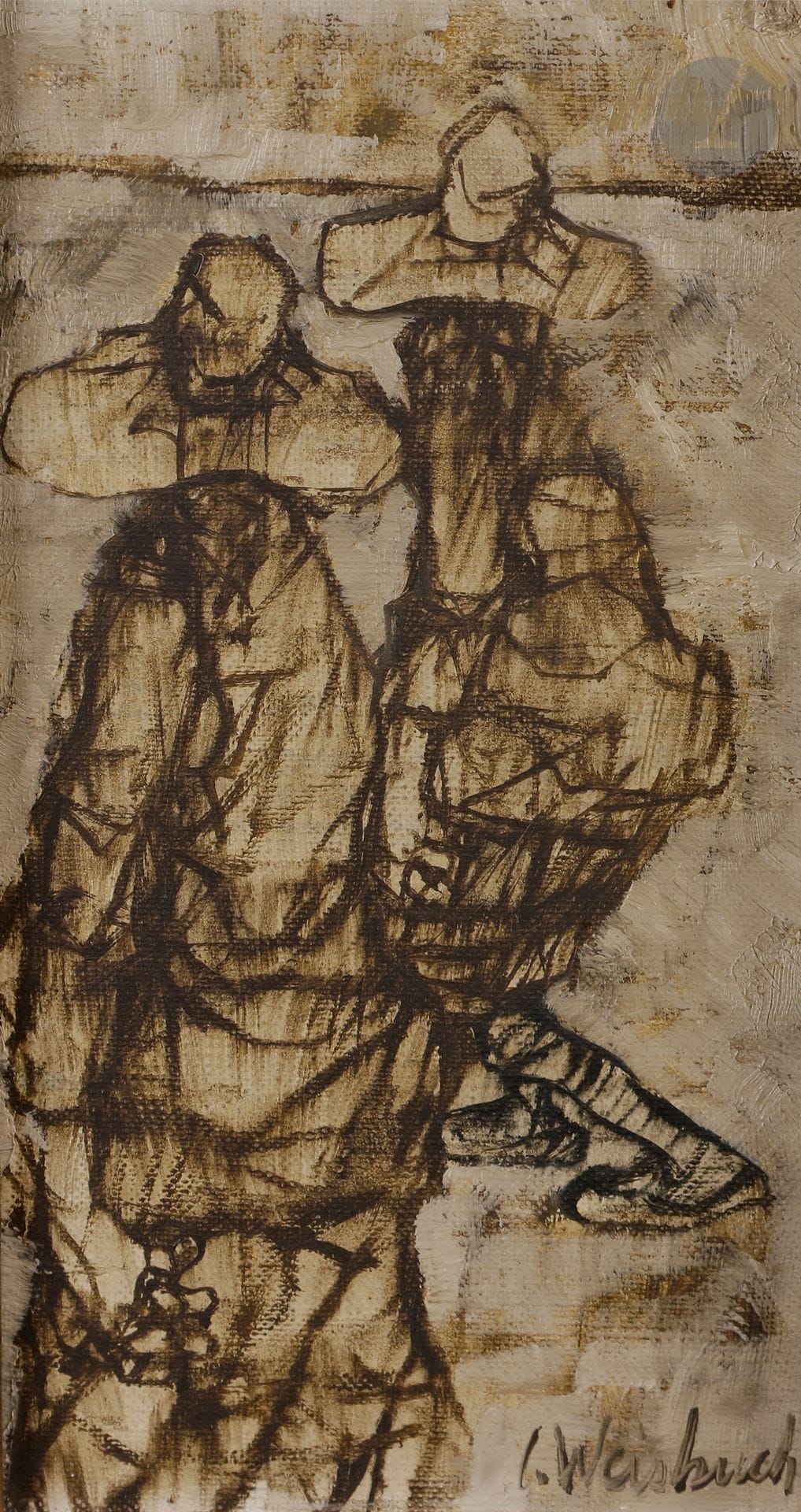 Claude WEISBUCH (1927-2014)
Personnages aux chapeaux, vers 1959
Huile sur toile.
Signée en bas à droite.
Signée au dos.
22 x 11,5 cm