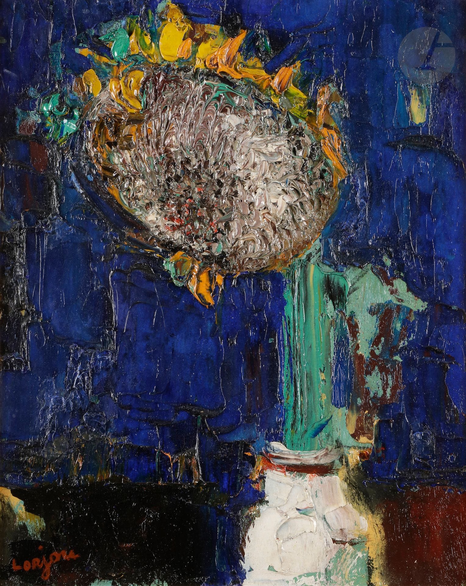 Bernard LORJOU (1908-1986)
Tournesol fané, 1953
Huile sur panneau.
Signée en bas à gauche.
41 x 32 cm

Exposition : 
Lorjou, Aïzpiri, Minaux, Mottet, Sébire, Galerie Charpentier, Paris, 1953.

Bibliographie : 
Éric Mercier, La Jeune peinture, Années 50, Tome I, L'Alternative figurative, Zurich, Artacatos, 2010, reproduit p. 169.