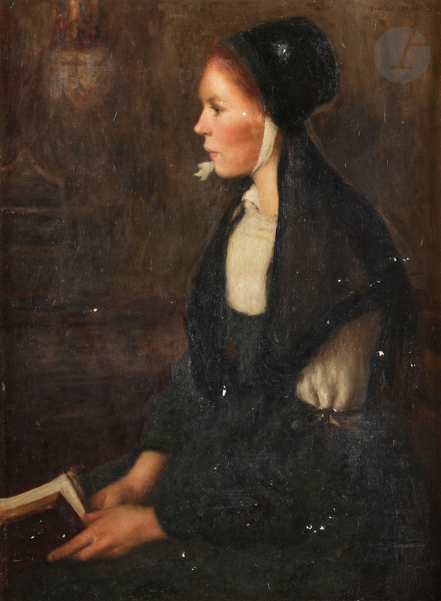 Henry d'ESTIENNE (1872-1949)
Bretonne de profil
Huile sur toile.
Signée en haut à droite.
(Manques).
57 x 42 cm