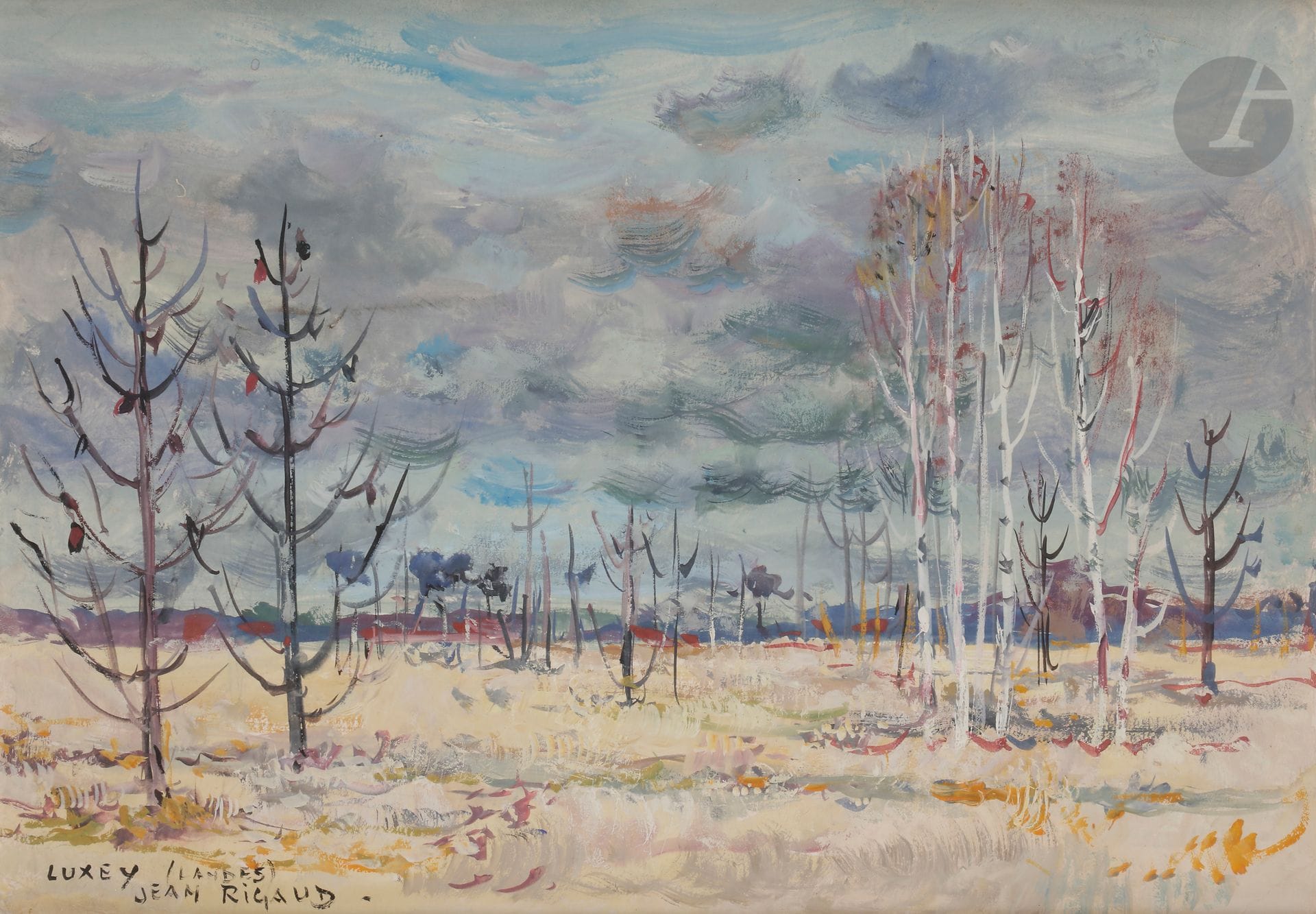 Jean RIGAUD (1912-1999)
Les Pins brûlés, Luxey, Landes
Gouache.
Signée et située en bas à gauche.
Signée et titrée au dos sur le montage.
30 x 44 cm

Provenance : 
Famille de l'artiste.