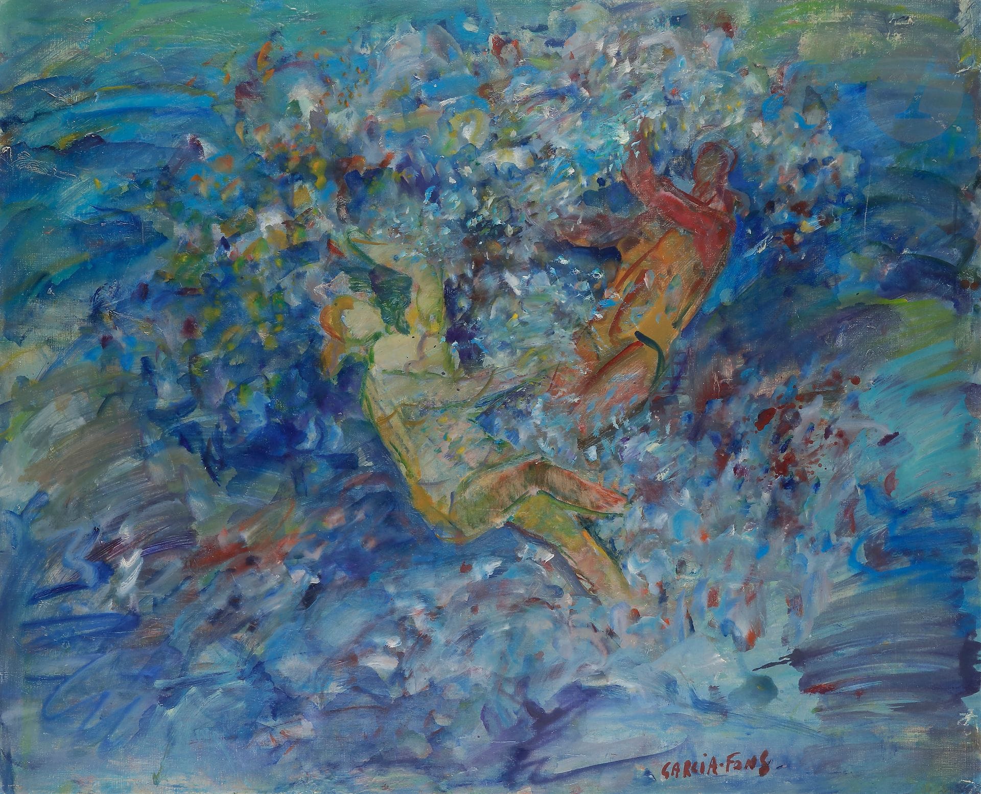 Pierre GARCIA-FONS (1928-2016)
Jeux d'été, vers 1960
Huile sur toile.
Signée en bas à droite.
Signée et titrée au dos.
81 x 100 cm

Provenance : 
Galerie Framond, Paris (étiquette au dos).