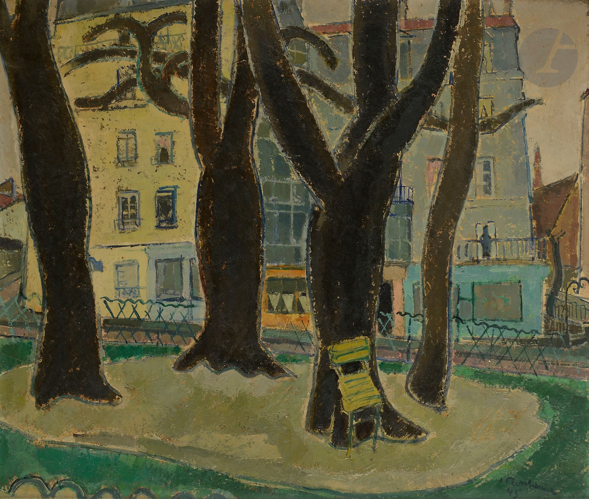 Francis MONTANIER (1895-1974)
La Place, 1945
Huile sur panneau.
Signée et datée en bas à droite.
Marque de l'artiste au pochoir au dos.
54 x 65 cm