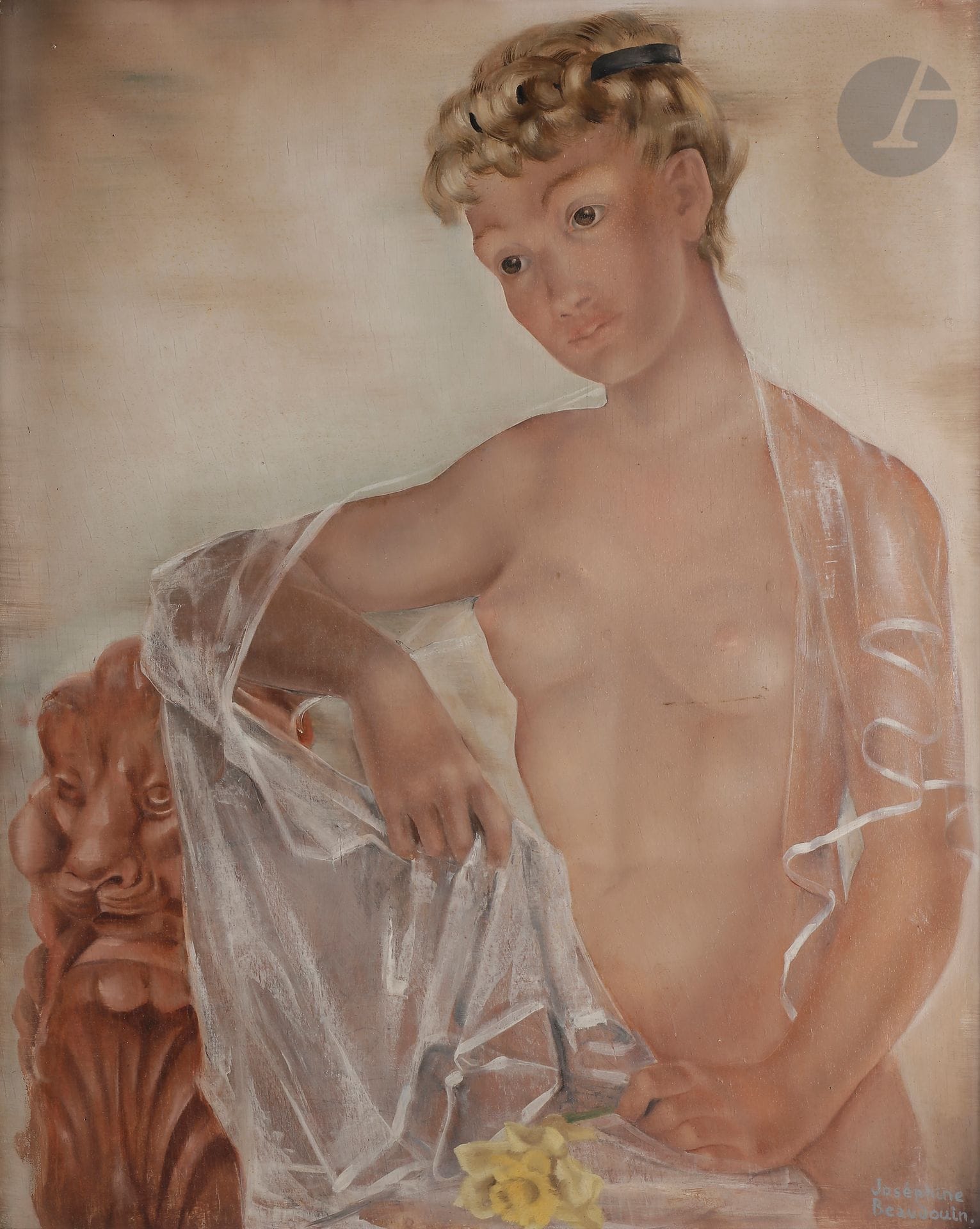 Joséphine BEAUDOUIN (1909-2005)
Femme à la fleur
Huile sur panneau.
Signée en bas à droite.
85 x 70 cm