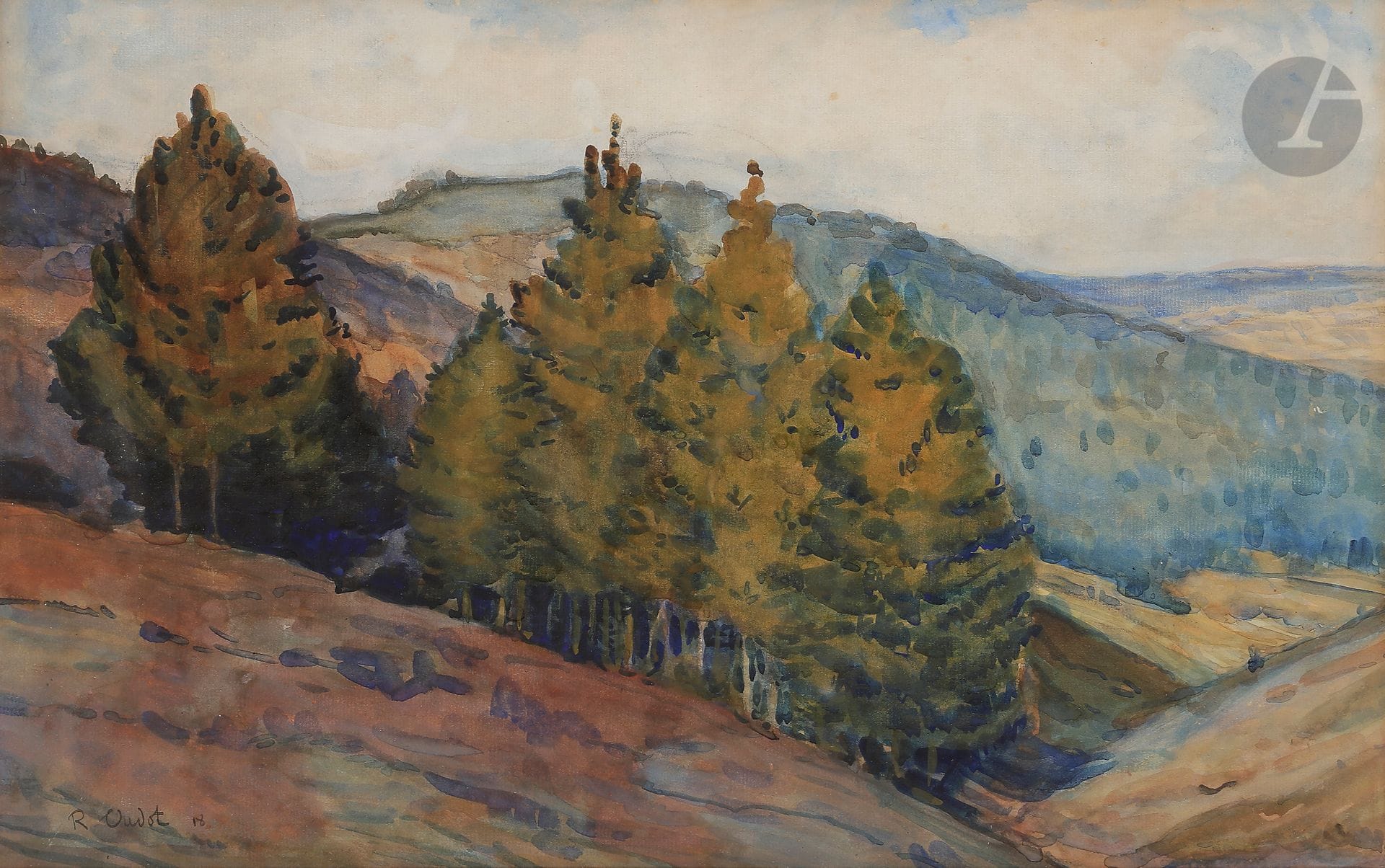 Roland OUDOT (1897-1981)
Paysage de montagne, 1918
Aquarelle.
Signée et datée en bas à gauche.
(Rousseurs).
28 x 44 cm